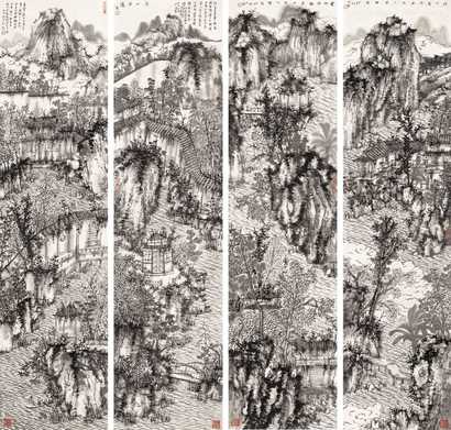 何加林 2005年作 山水 四屏